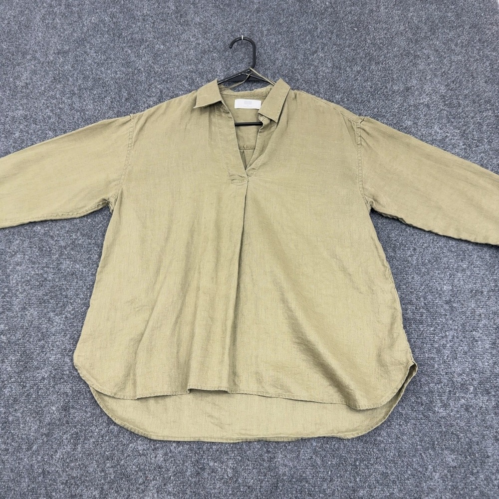 Uniqlo Shirt Womens S Green Linen V Neck Long Sleeve Minimalist Casual Blouse